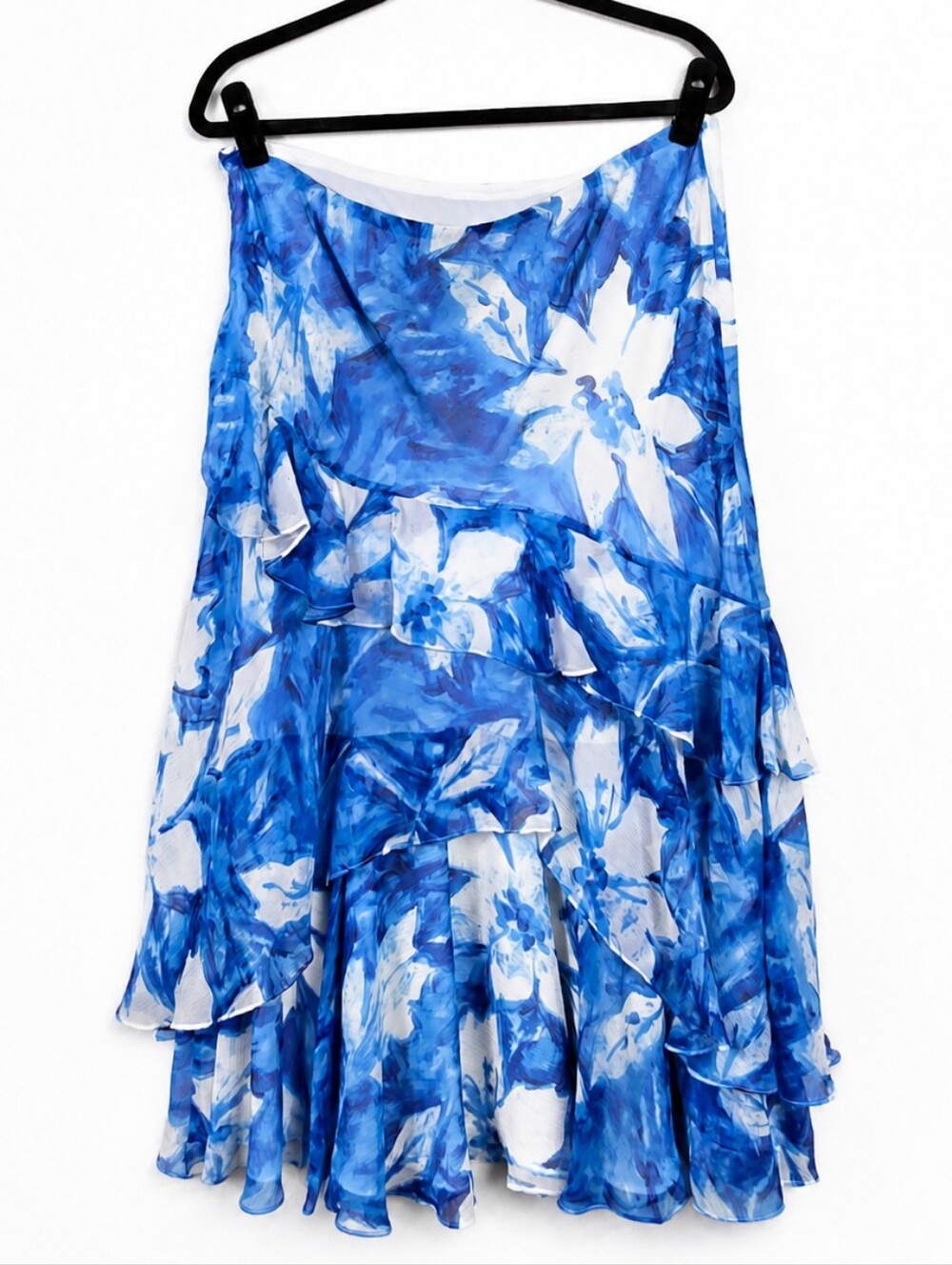 Lauren Ralph Lauren 100% Silk Ruffle Skirt L Blue Floral Y2K Romantic Midi